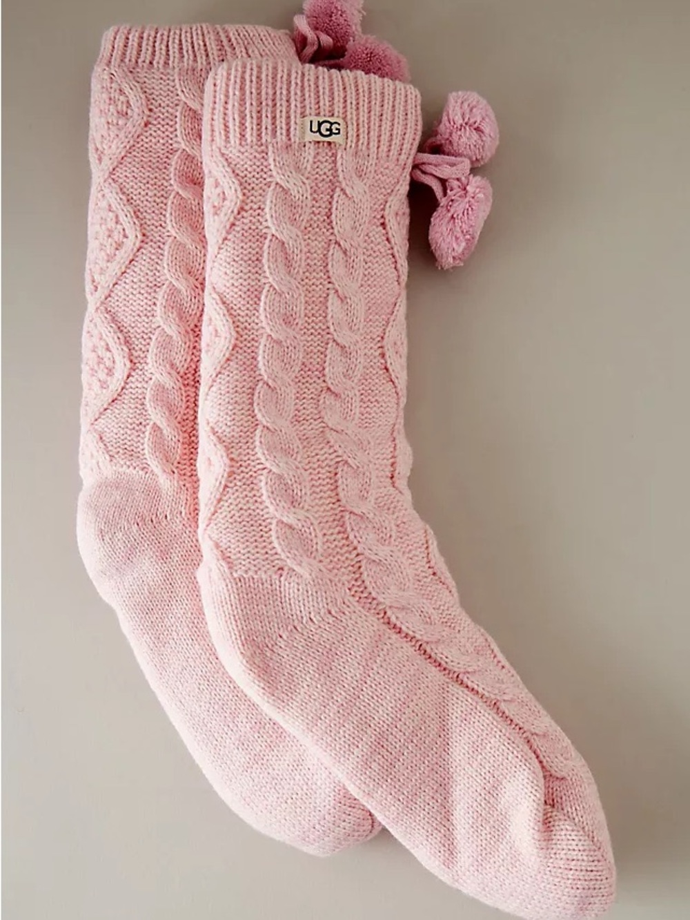 UGG Pink Cable Knit Pom Pom Cozy Slipper Socks One Size